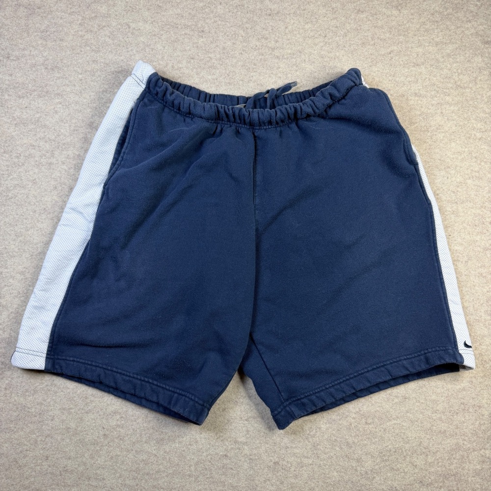 Nike Mens XL Navy Blue Fleece Athletic Shorts Mesh Side Stripe Pockets Vintage